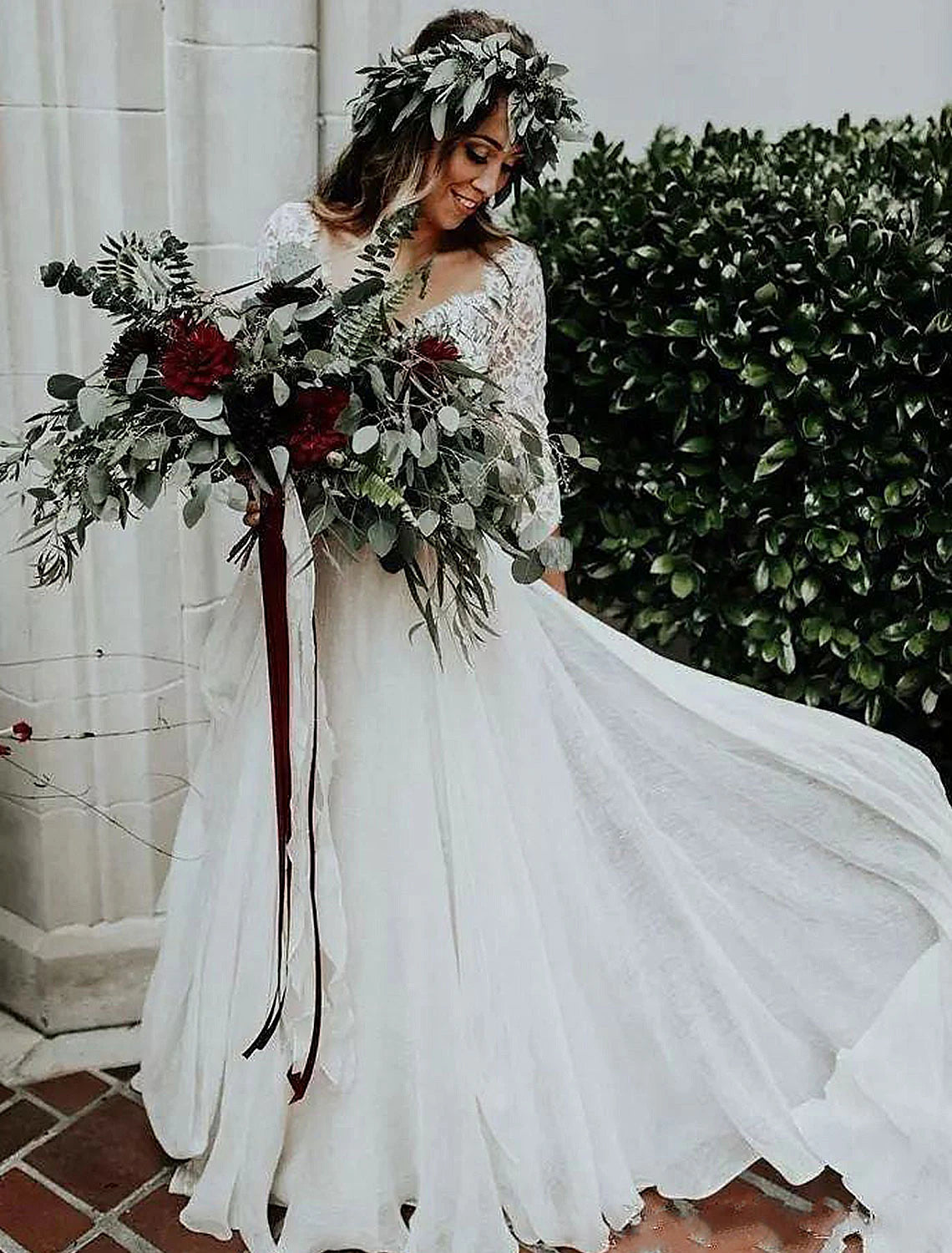 Boho Wedding Dresses Ball Gown V Neck 3/4 Length Sleeve Sweep / Brush Train Chiffon Bridal Suits Bridal Gowns