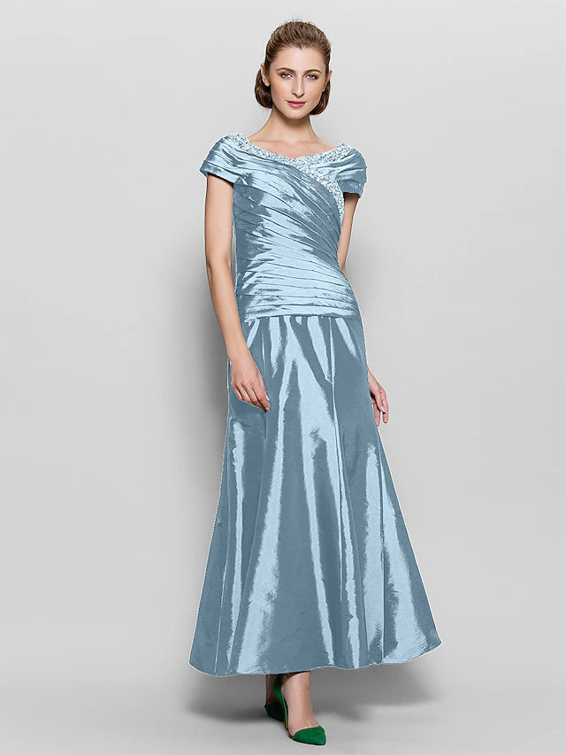 A-Line Mother of the Bride Dress Vintage Inspired V Neck Ankle Length Taffeta Short Sleeve with Beading Side