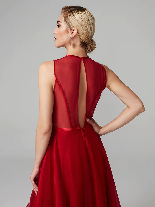 A-Line Sparkle & Shine Dress Wedding Guest Asymmetrical Sleeveless Jewel Neck Satin with Bow(s)