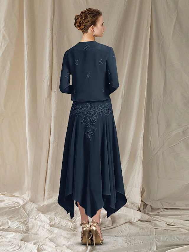 Two Piece A-Line Mother of the Bride Dress Elegant V Neck Ankle Length Chiffon Lace Sleeveless Wrap Included with Pleats
