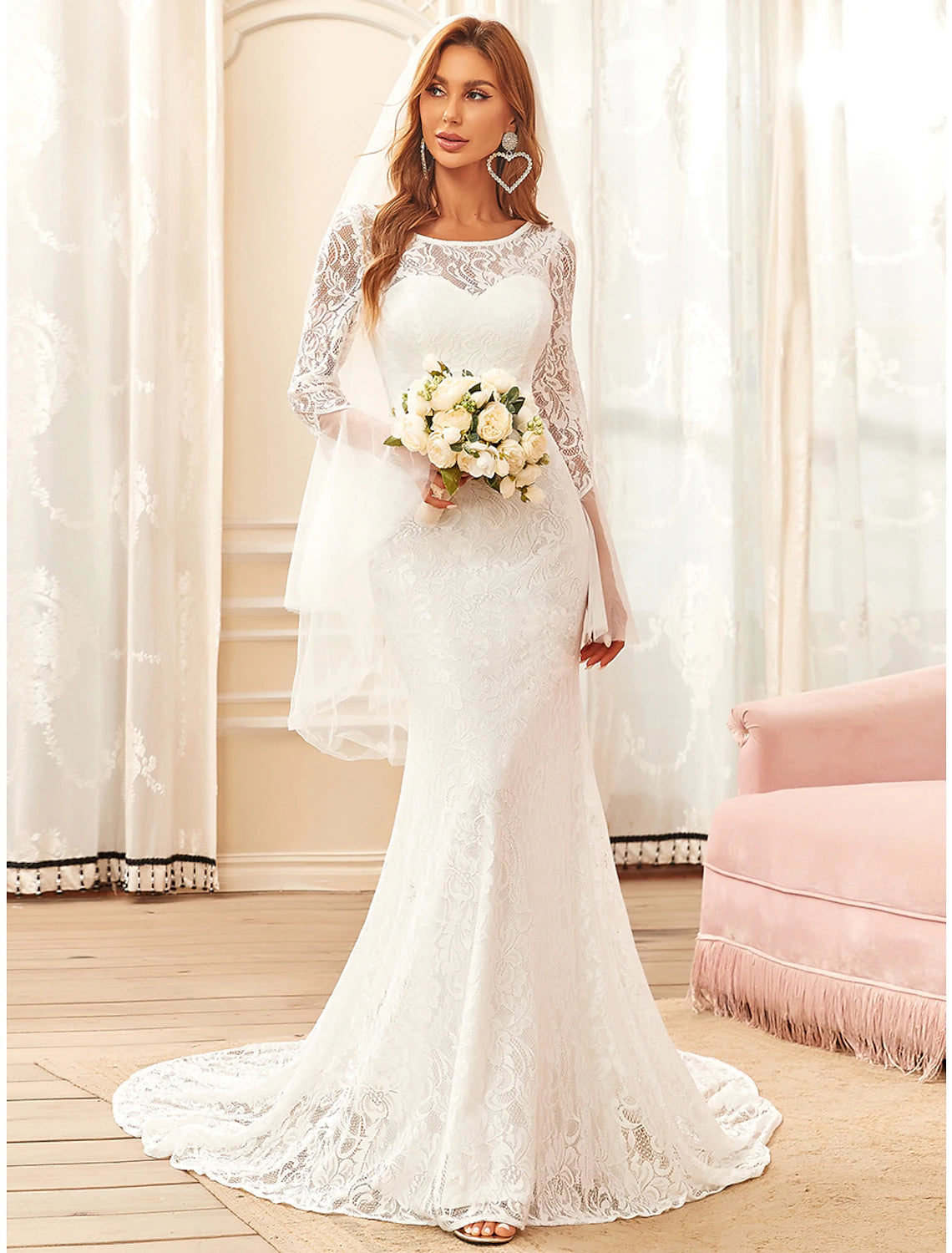 Reception Boho Wedding Dresses Mermaid / Trumpet Illusion Neck Long Sleeve Sweep / Brush Train Lace Bridal Gowns