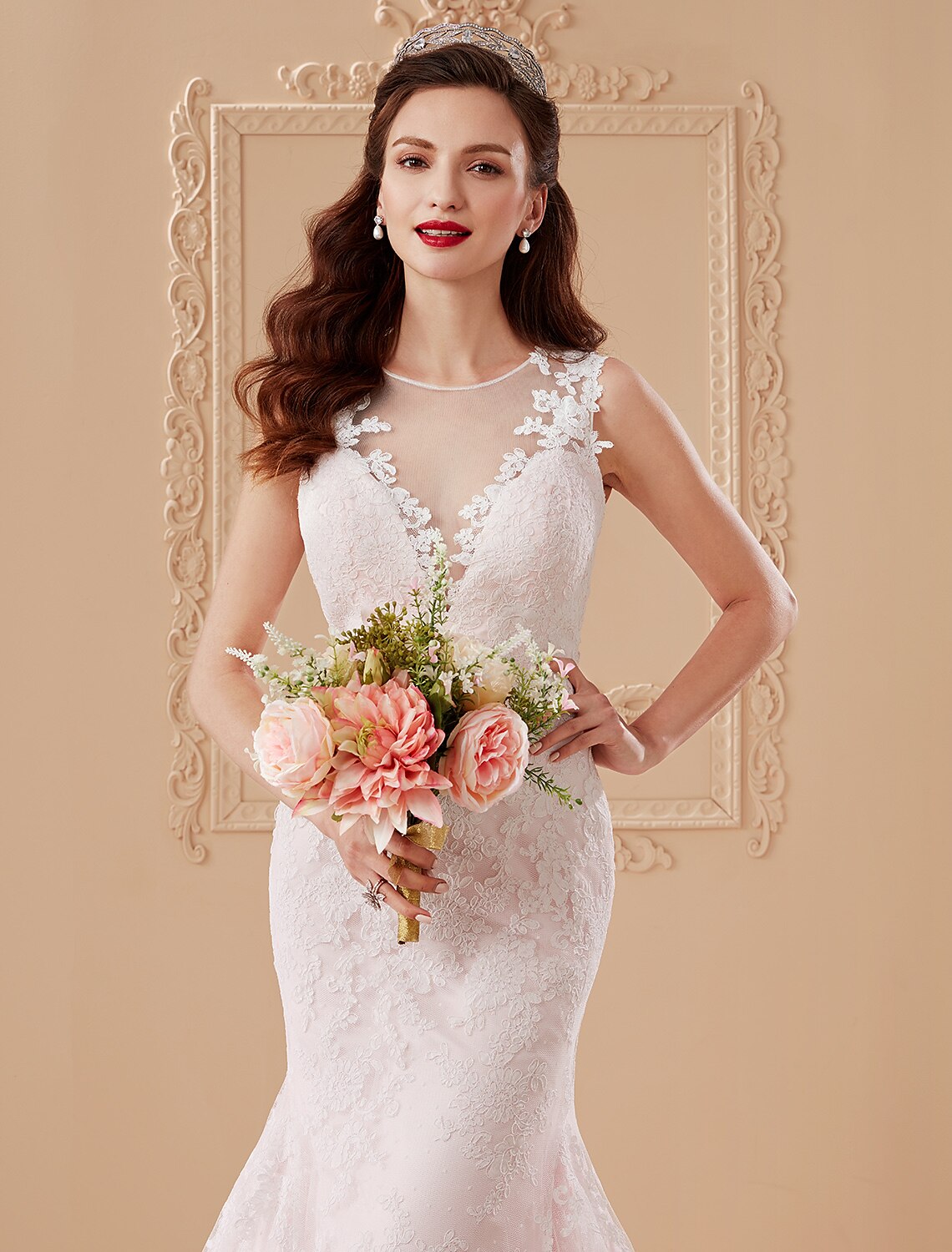 Mermaid / Trumpet Plunging Neckline Court Train Lace Tulle Wedding Dress
