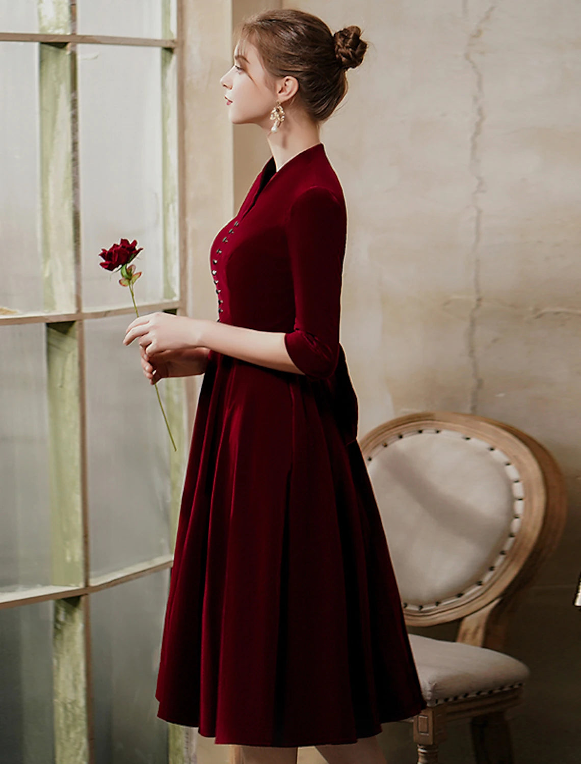 A-Line Minimalist Vintage Party Wear Cocktail Party Dress V Neck Half Sleeve Tea Length Velvet