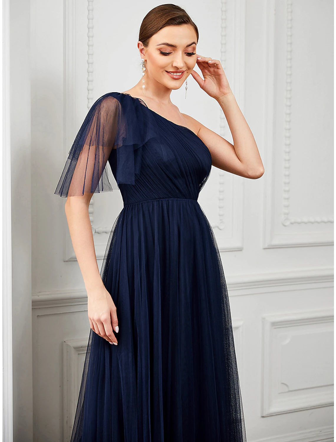 A-Line Party Dresses Minimalist Dress Quinceanera Floor Length Sleeveless One Shoulder Tulle