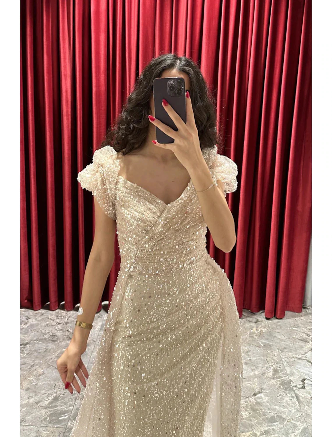 Sheath / Column Evening Gown Sparkle & Shine Dress Formal Fall Sweep / Brush Train Short Sleeve V Neck Sequined with Glitter