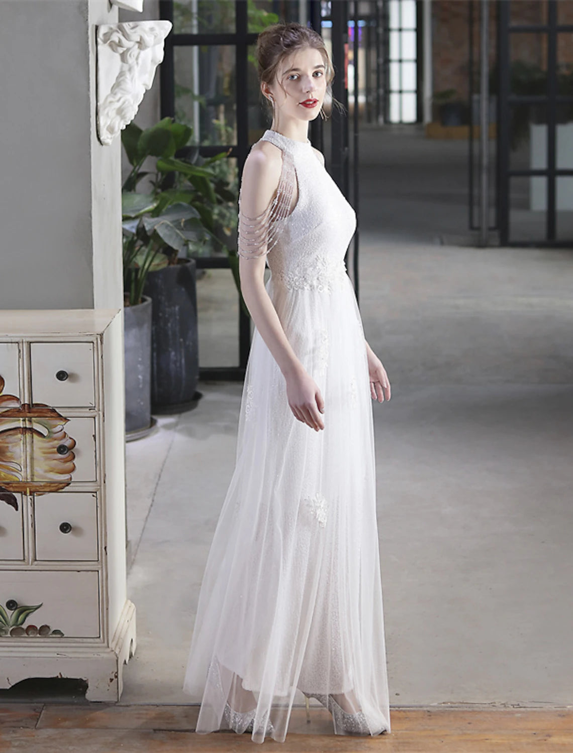A-Line Prom Dresses Sparkle & Shine Dress Party Wear Floor Length Short Sleeve High Neck Polyester with Sequin