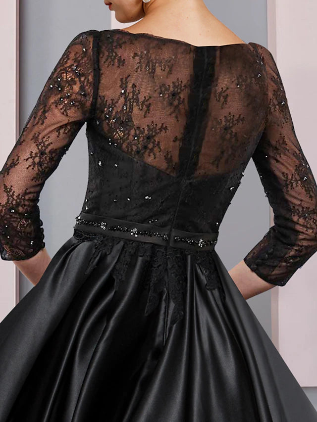 A-Line Mother of the Bride Dress Formal Wedding Guest Party Elegant Scoop Neck Tea Length Satin Lace 3/4 Length Sleeve with Sash Pleats