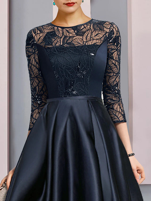 A-Line Mother of the Bride Dress Wedding Guest Vintage Party Jewel Neck Asymmetrical Satin Lace Sequined Half Sleeve