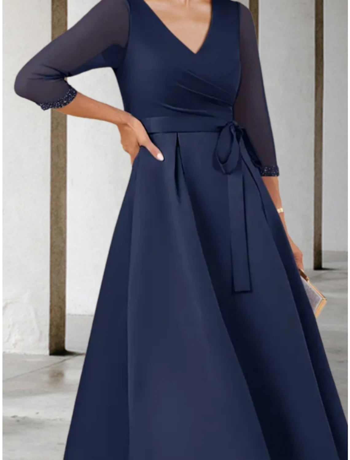 A-Line Mother of the Bride Dress Wedding Guest Elegant Petite V Neck Tea Length Stretch Chiffon 3/4 Length Sleeve with Bow(s)