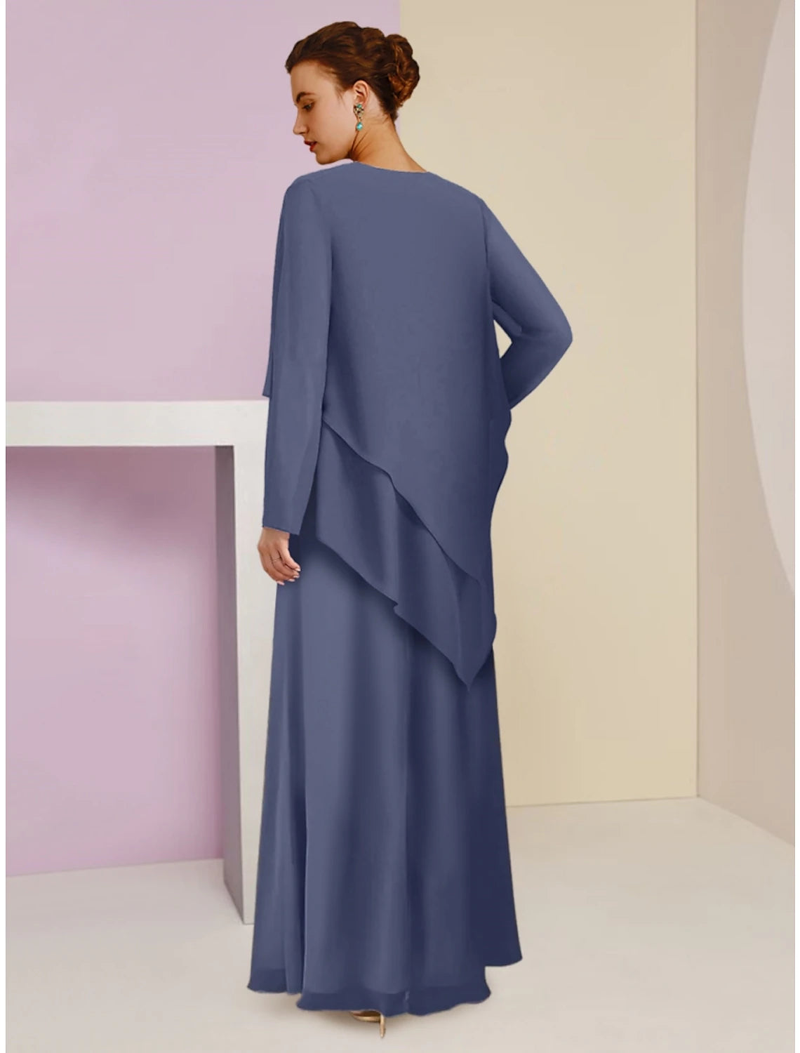 A-Line Mother of the Bride Dress Wedding Guest Elegant Square Neck Ankle Length Chiffon Long Sleeve with Crystal Brooch