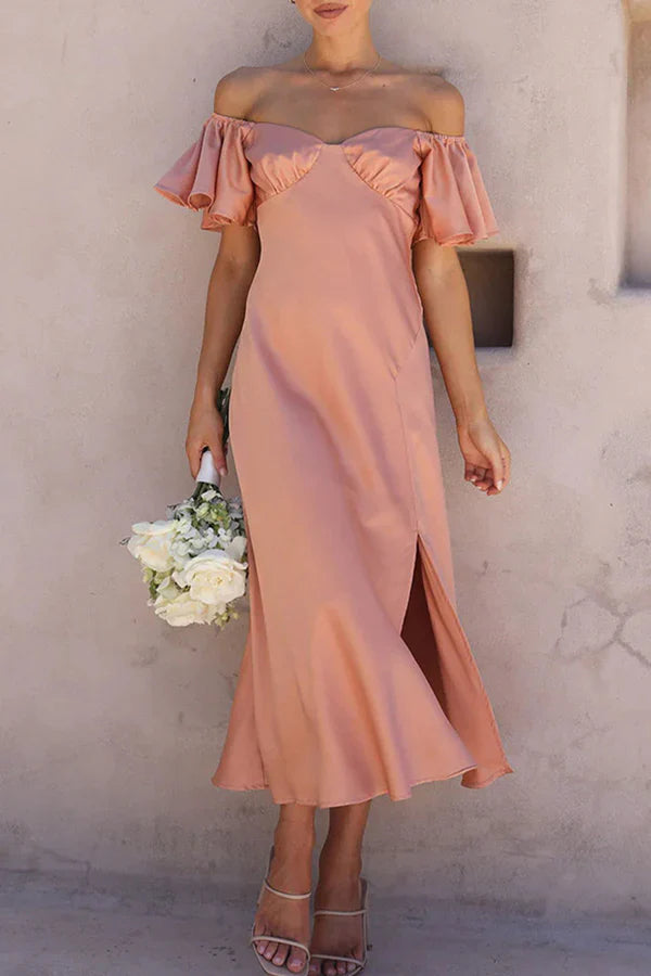 Sexy solid color slit off shoulder pleated evening dress Beautiful