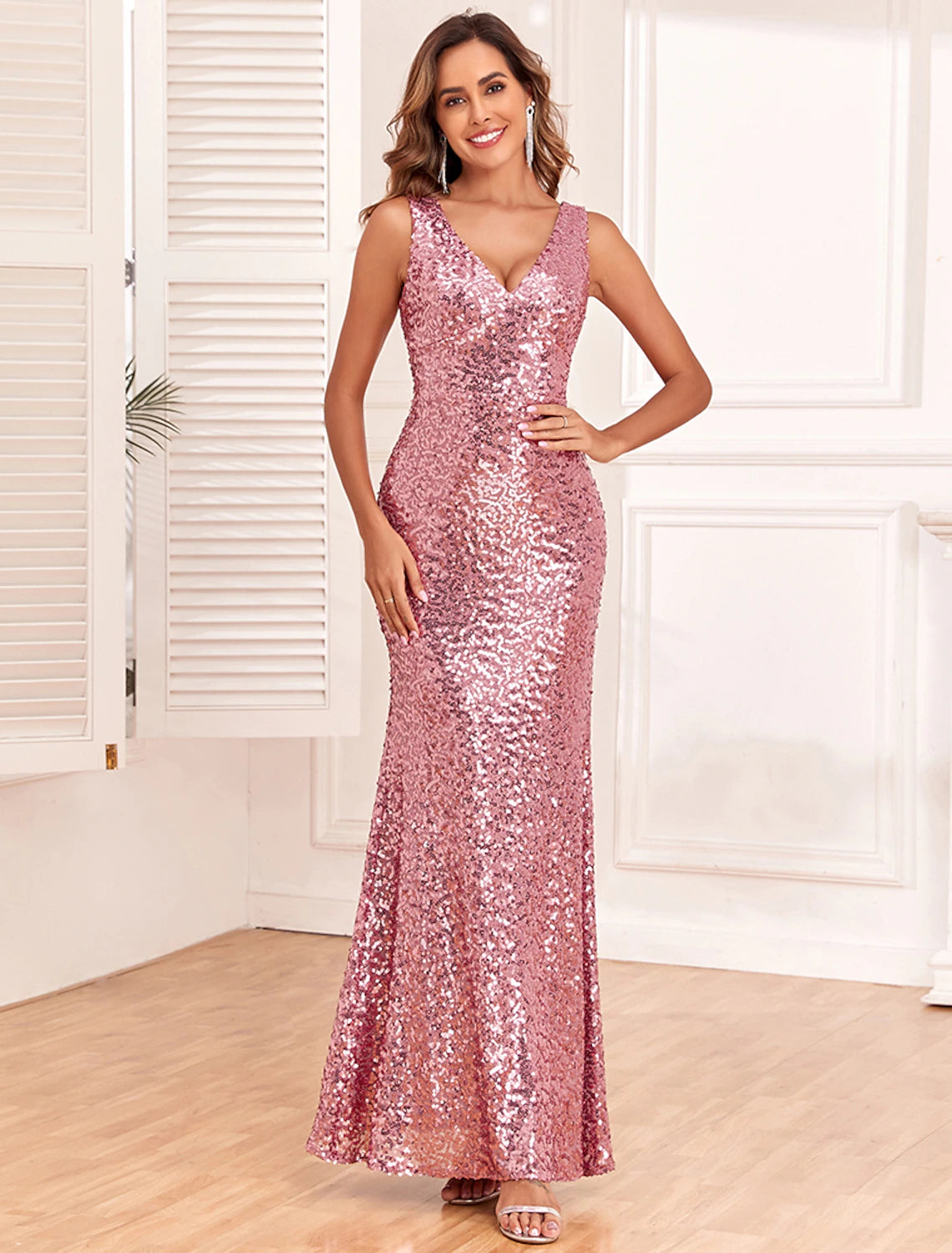 Mermaid / Trumpet Evening Gown Elegant Dress Evening Party Prom Floor Length Sleeveless V Neck Bridesmaid Dress Sequined Backless