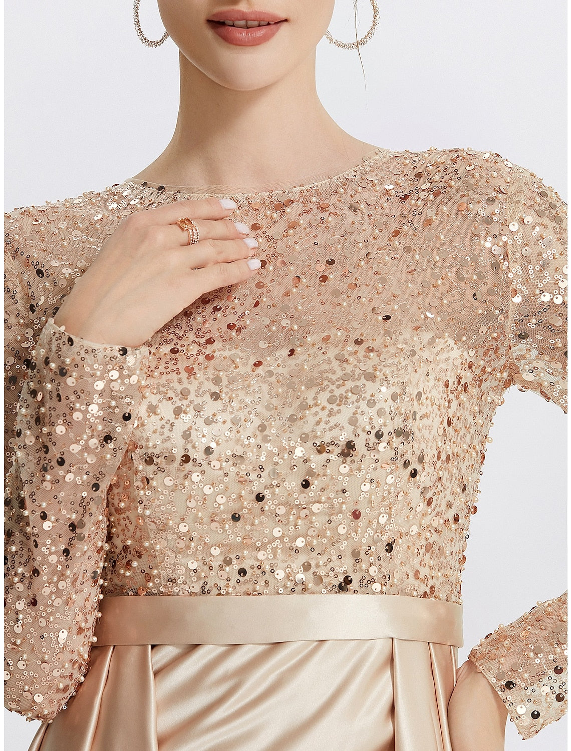 Mermaid / Trumpet Evening Gown Elegant Dress Formal Prom Floor Length Long Sleeve Jewel Neck Sequined with Glitter