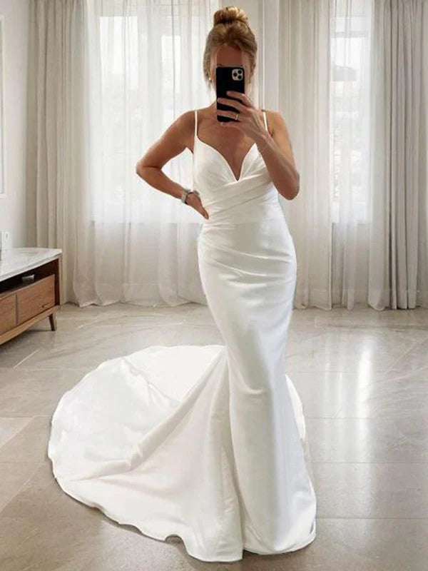 Slim fit V-neck pleated church tail satin wedding dress Sexy