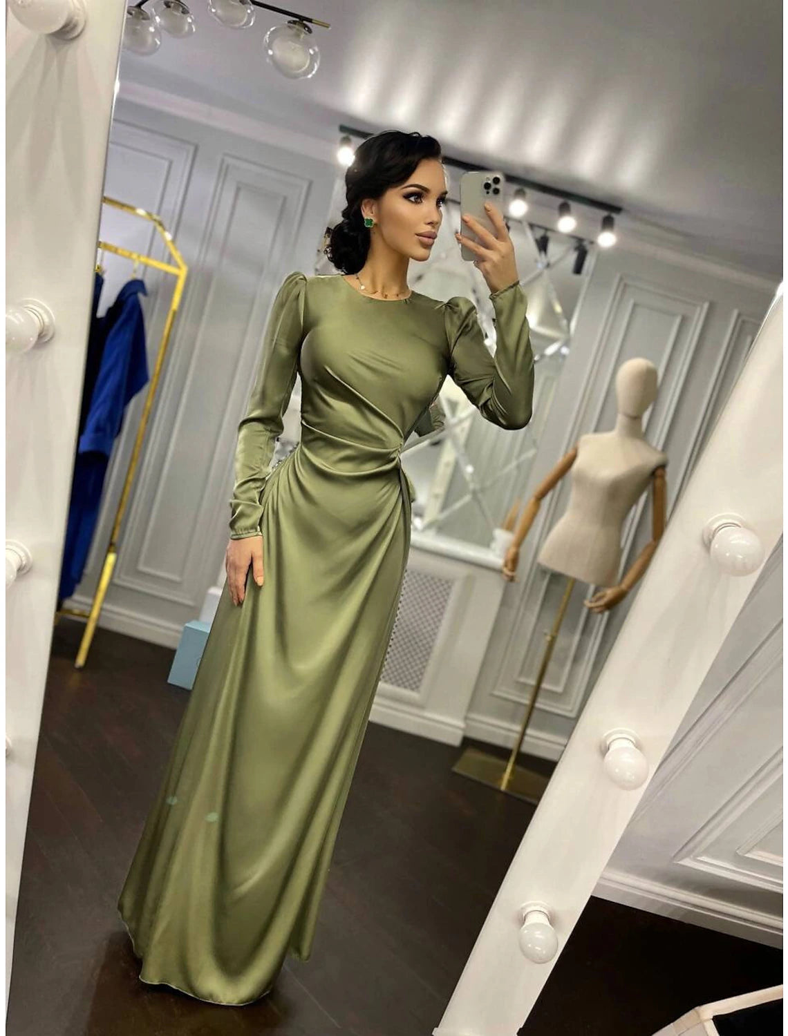 Sheath Party Dress Evening Gown Elegant Dress Wedding Guest Fall Floor Length Long Sleeve High Neck Bridesmaid Dress Satin