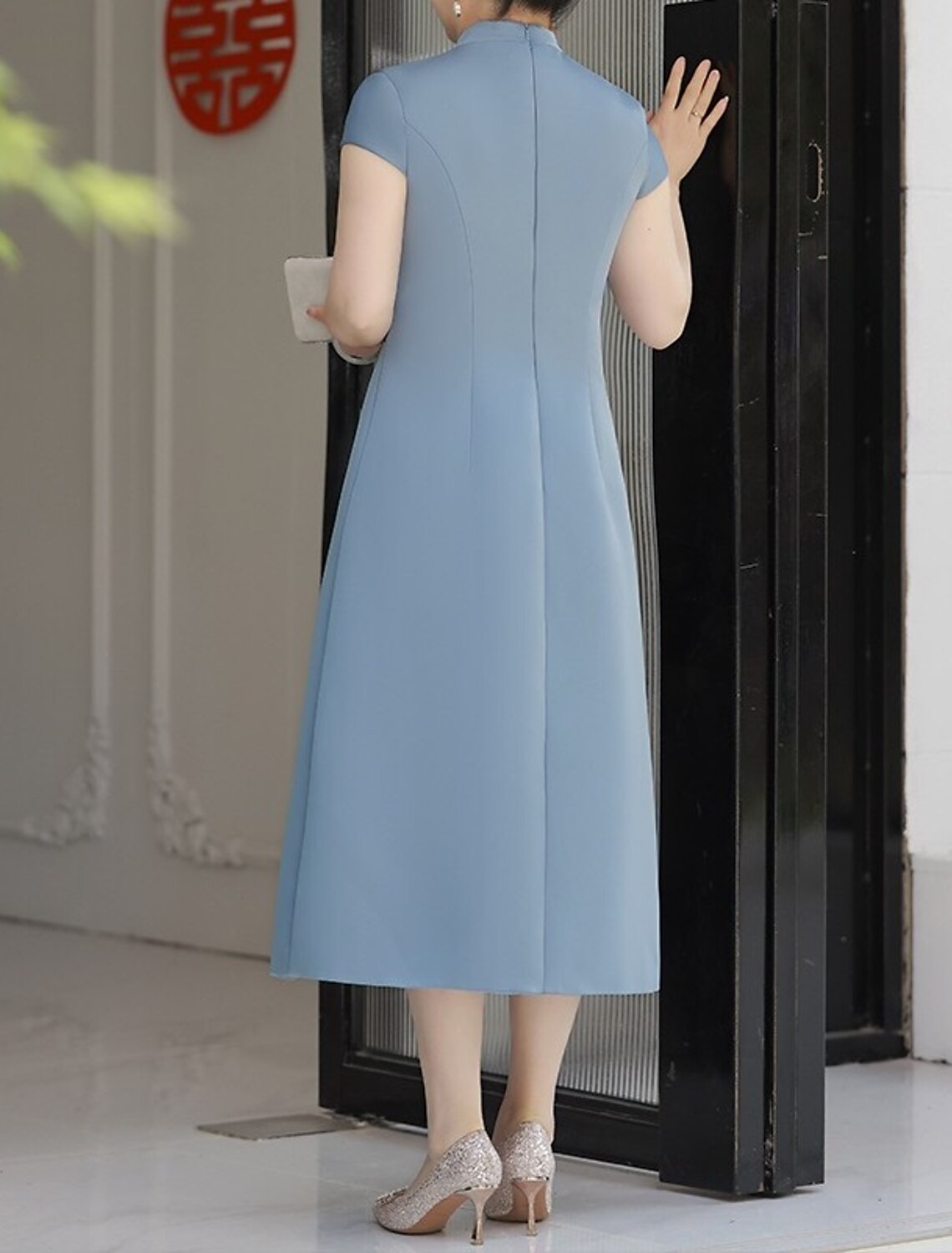 A-Line Cocktail Dresses Elegant Dress Wedding Party Tea Length Short Sleeve Stand Collar Satin