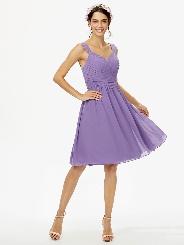 A-Line Bridesmaid Dress Straps Sleeveless Open Back Knee Length Chiffon with Sash / Ribbon / Bow(s)