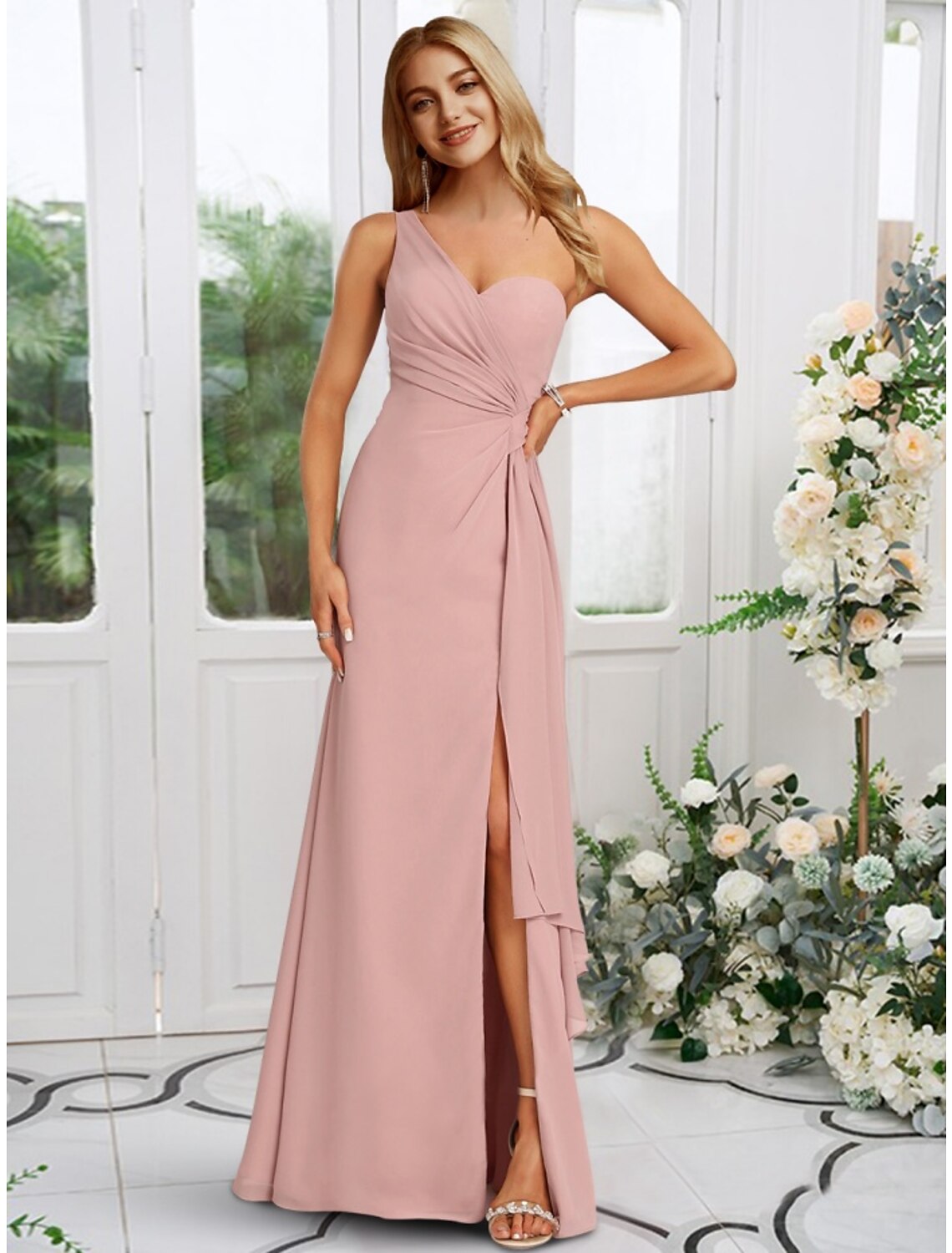 A-Line Bridesmaid Dress One Shoulder Sleeveless Elegant Floor Length Chiffon with Split Front