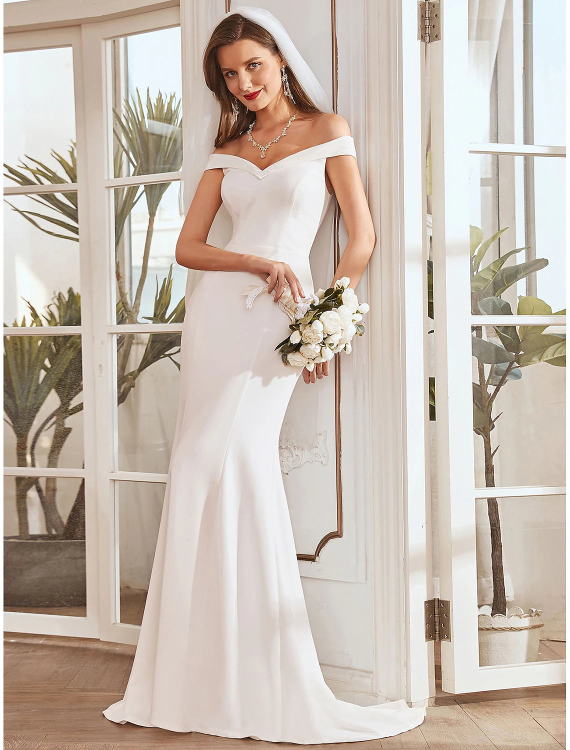 Reception Casual Wedding Dresses Mermaid / Trumpet Off Shoulder Cap Sleeve Sweep / Brush Train Stretch Fabric Bridal Gowns With Pleats