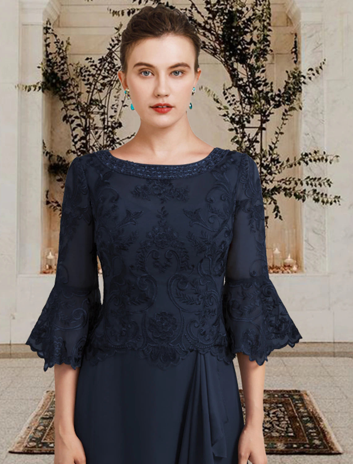 Sheath / Column Mother of the Bride Dress Plus Size Elegant Jewel Neck Floor Length Chiffon Lace Half Sleeve with Sequin