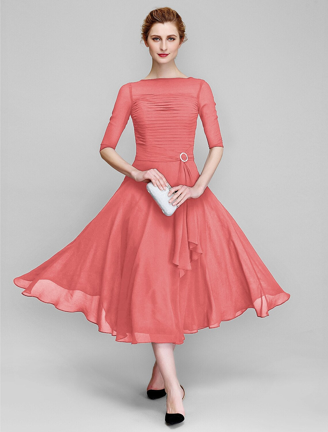 A-Line Mother of the Bride Dress Fall Wedding Guest Dresses Plus Size Elegant Bateau Neck Tea Length Chiffon Half Sleeve