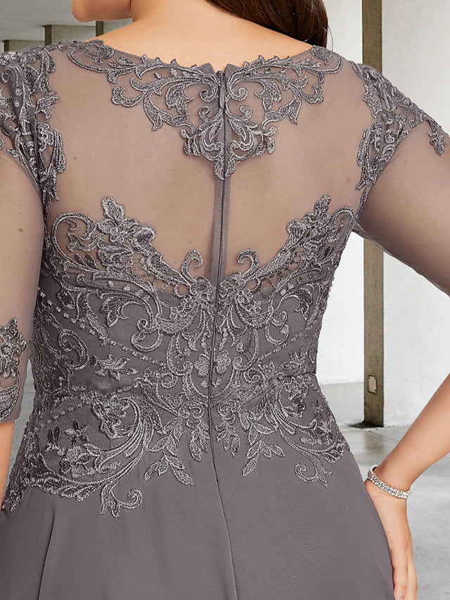 A-Line Plus Size Curve Mother of the Bride Dresses Elegant Dress Formal Asymmetrical Half Sleeve Jewel Neck Chiffon