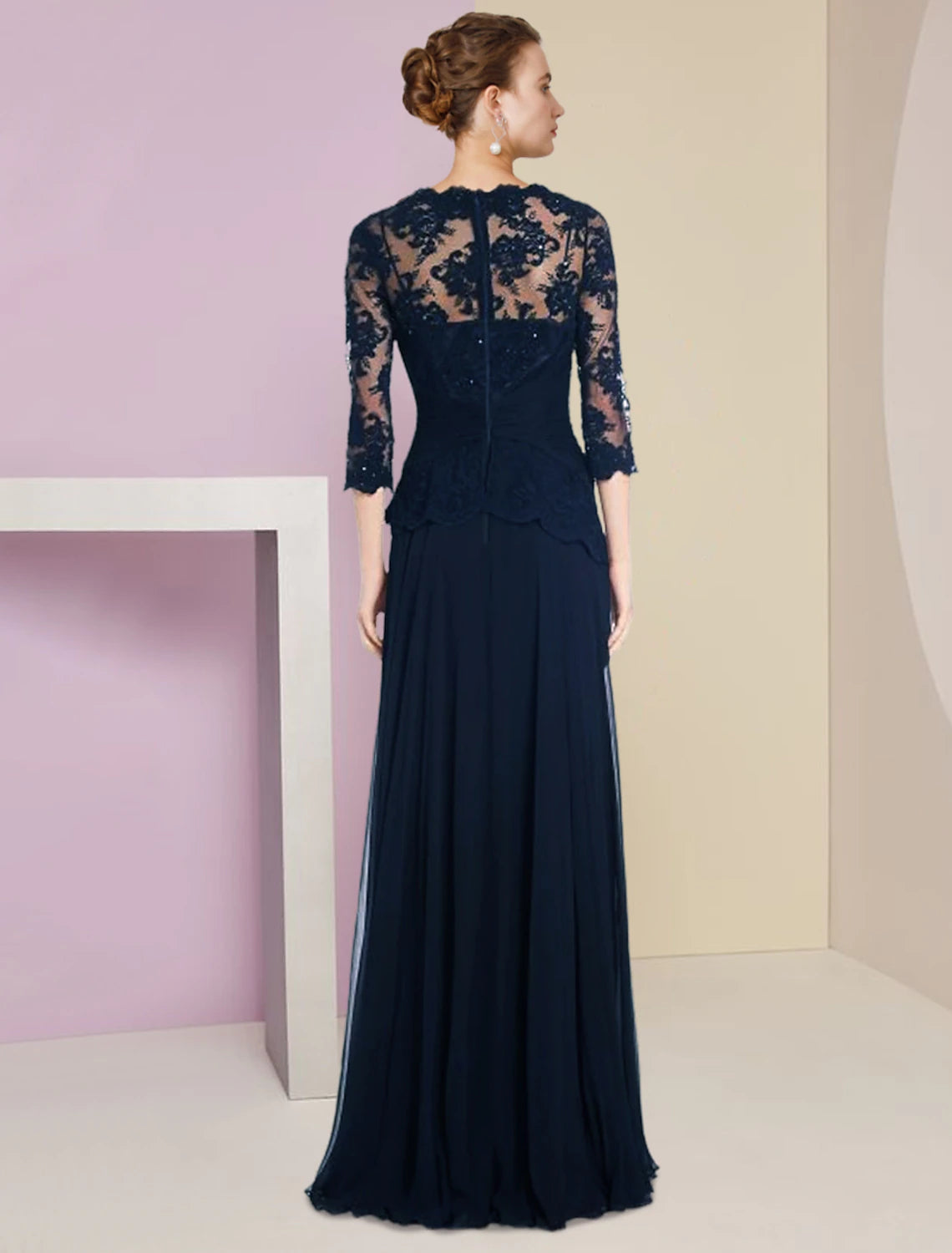 A-Line Mother of the Bride Dress Formal Wedding Guest Elegant Scoop Neck Floor Length Chiffon Lace Half Sleeve with Pleats Appliques