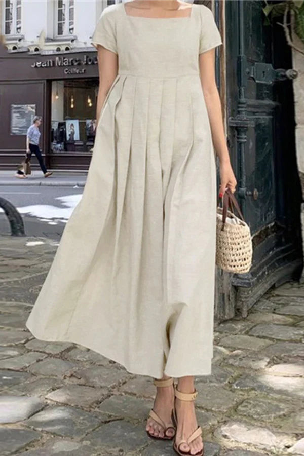 Leisure minimalist solid color pleated square collar A-line evening dress Mother of the Bride Dresses