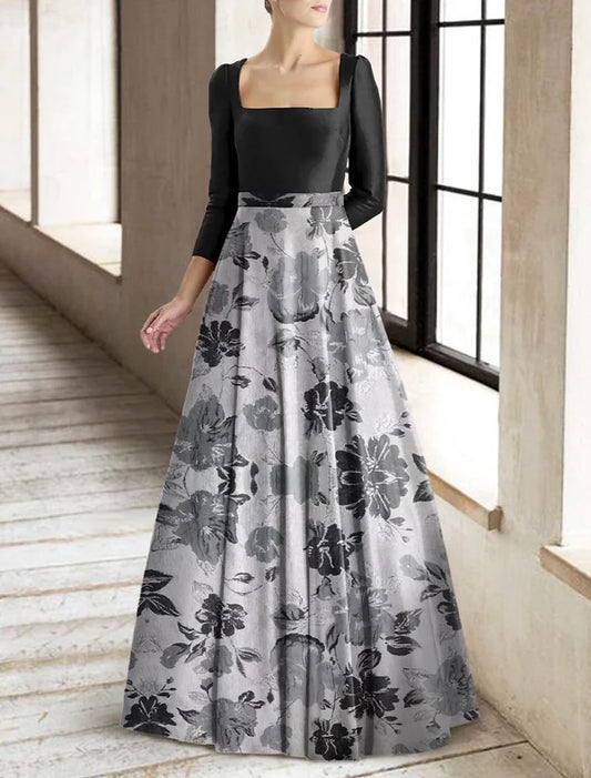 A-Line Mother of the Bride Dress Formal Wedding Guest Elegant Square Neck Floor Length Taffeta Stretch Fabric 3/4 Length Sleeve with Flower