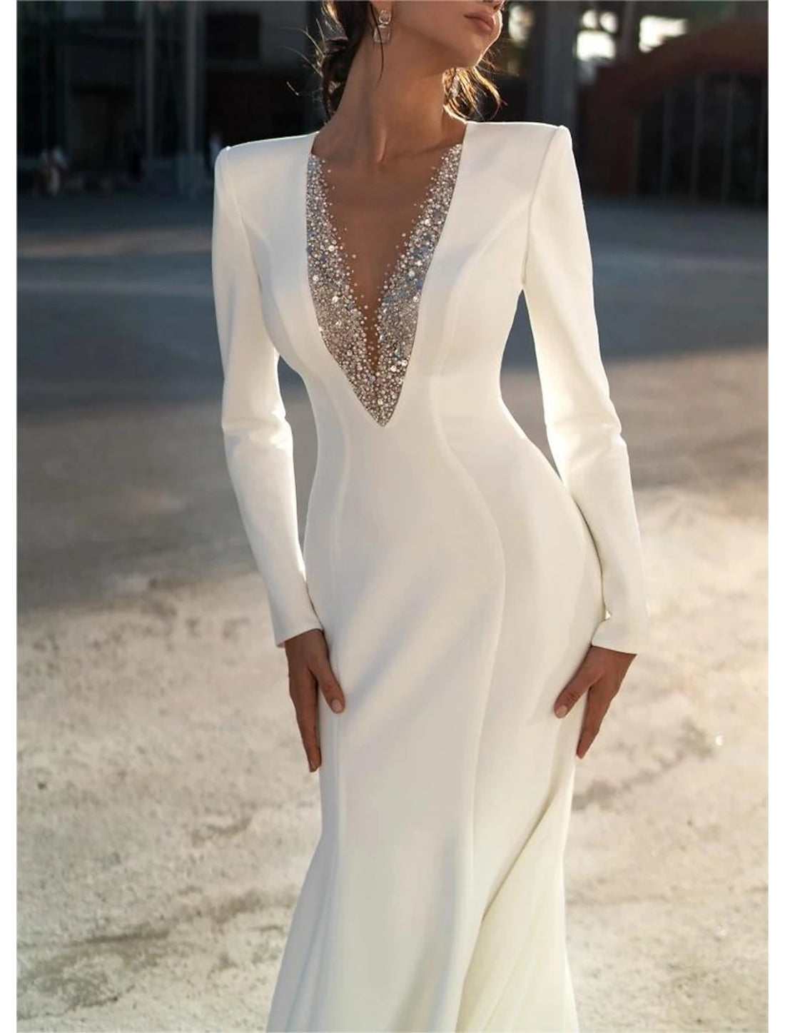 Formal Wedding Dresses Mermaid / Trumpet V Neck Long Sleeve Sweep / Brush Train Chiffon Bridal Gowns With Beading