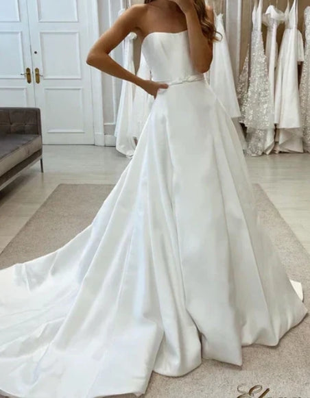 Simple Satin A-Line Sweetheart Strapless Belt With Train Wedding Dress Off Shoulder
