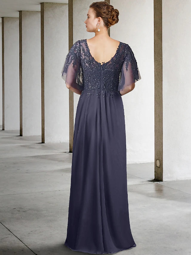 A-Line Plus Size Curve Mother of the Bride Dress Elegant V Neck Floor Length Chiffon Lace Short Sleeve with Beading Sequin
