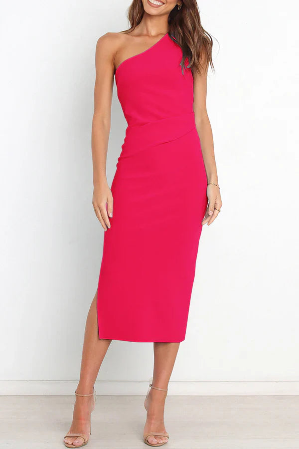 Sexy and minimalist solid color pleated diagonal collar A-line evening dress One Shoulder