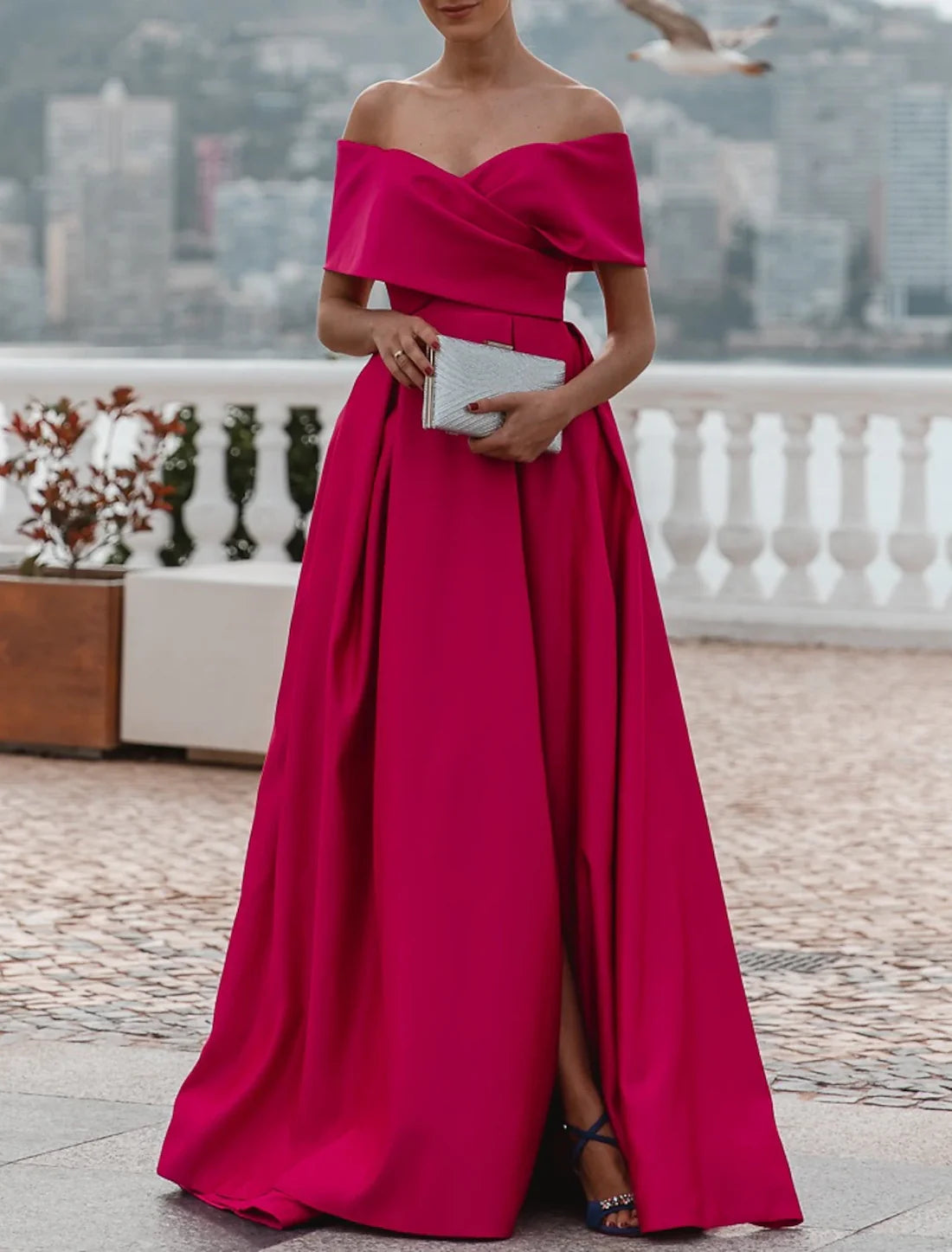 A-Line Evening Gown Party Dress Celebrity Style Dress Formal Wedding Court Train Sleeveless Off Shoulder Bridesmaid Dress Satin with Slit