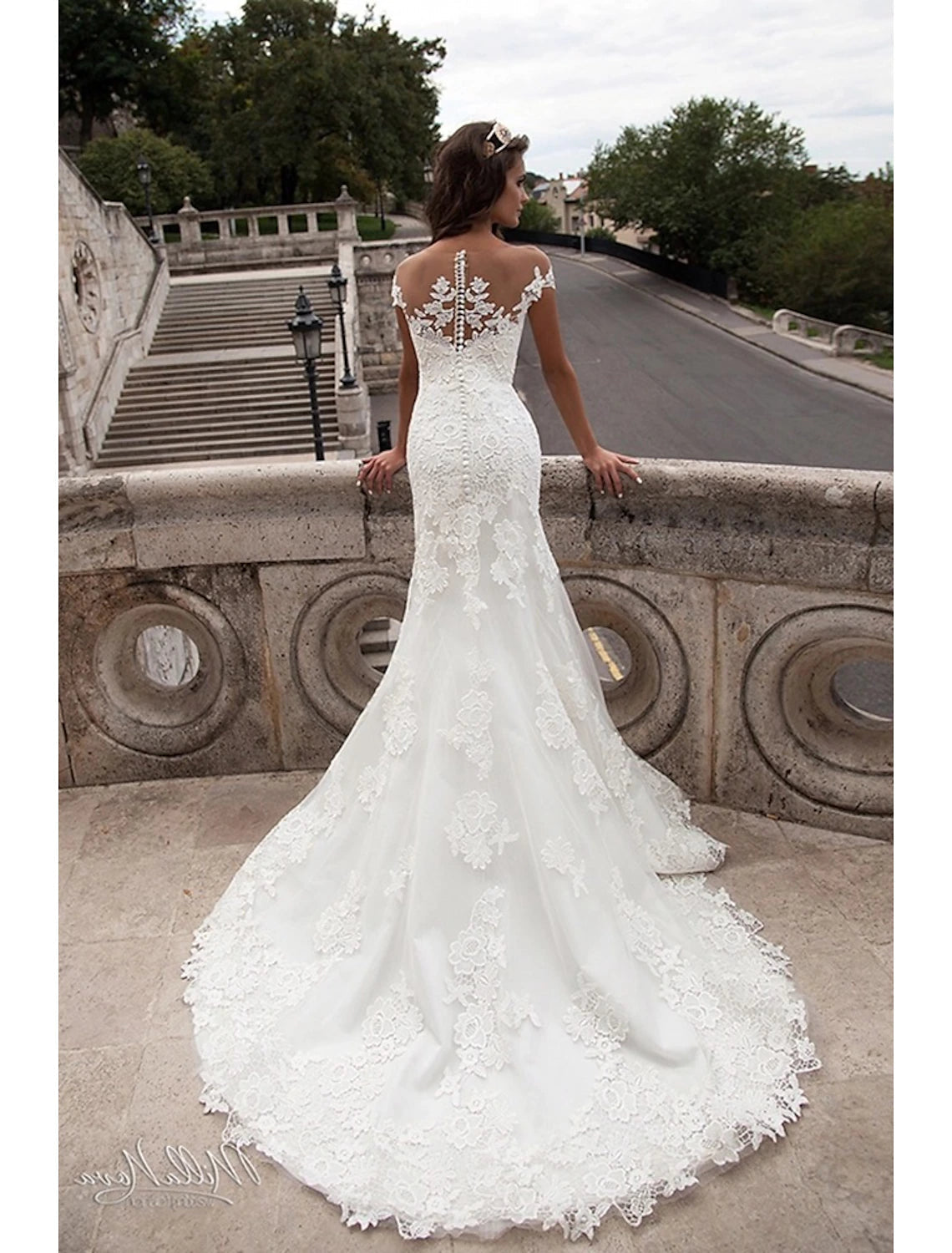 Engagement Open Back Formal Wedding Dresses Mermaid / Trumpet Off Shoulder Cap Sleeve Court Train Lace Bridal Gowns