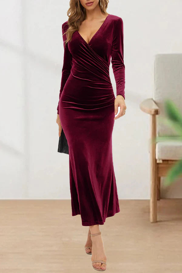 Sweet and elegant V-neck evening dress Long Sleeve Solid Color