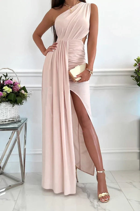 Fashionable hollow out diagonal collar sleeveless evening dress One Shoulder Party Dress