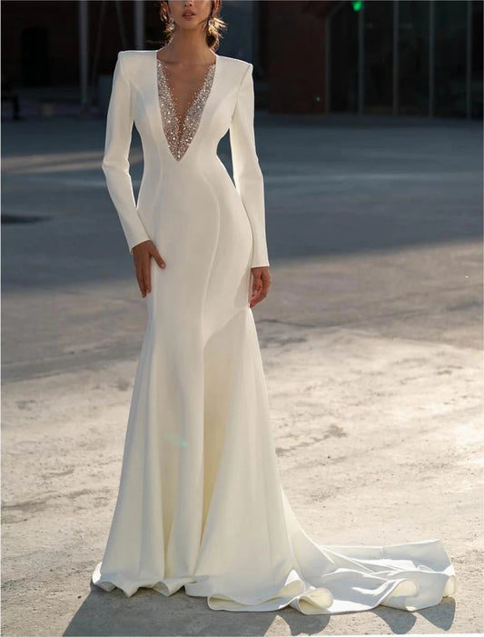 Formal Wedding Dresses Mermaid / Trumpet V Neck Long Sleeve Sweep / Brush Train Chiffon Bridal Gowns With Beading
