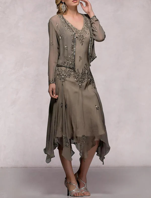 Two Piece A-Line Mother of the Bride Dress Formal Wedding Guest Elegant V Neck Tea Length Chiffon Sequined Long Sleeve Jacket Dresses