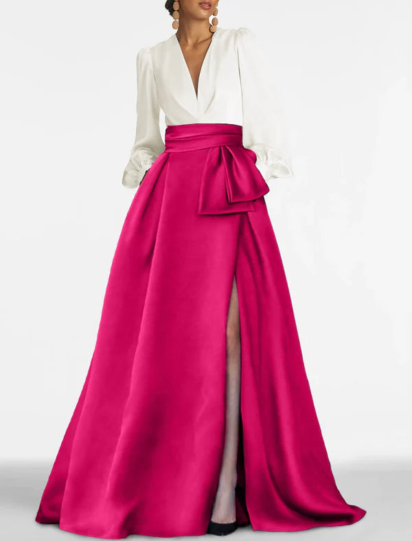 A-Line Evening Gown Elegant Dress Formal Sweep / Brush Train Formal Red Green Dress Long Sleeve V Neck Satin with Slit