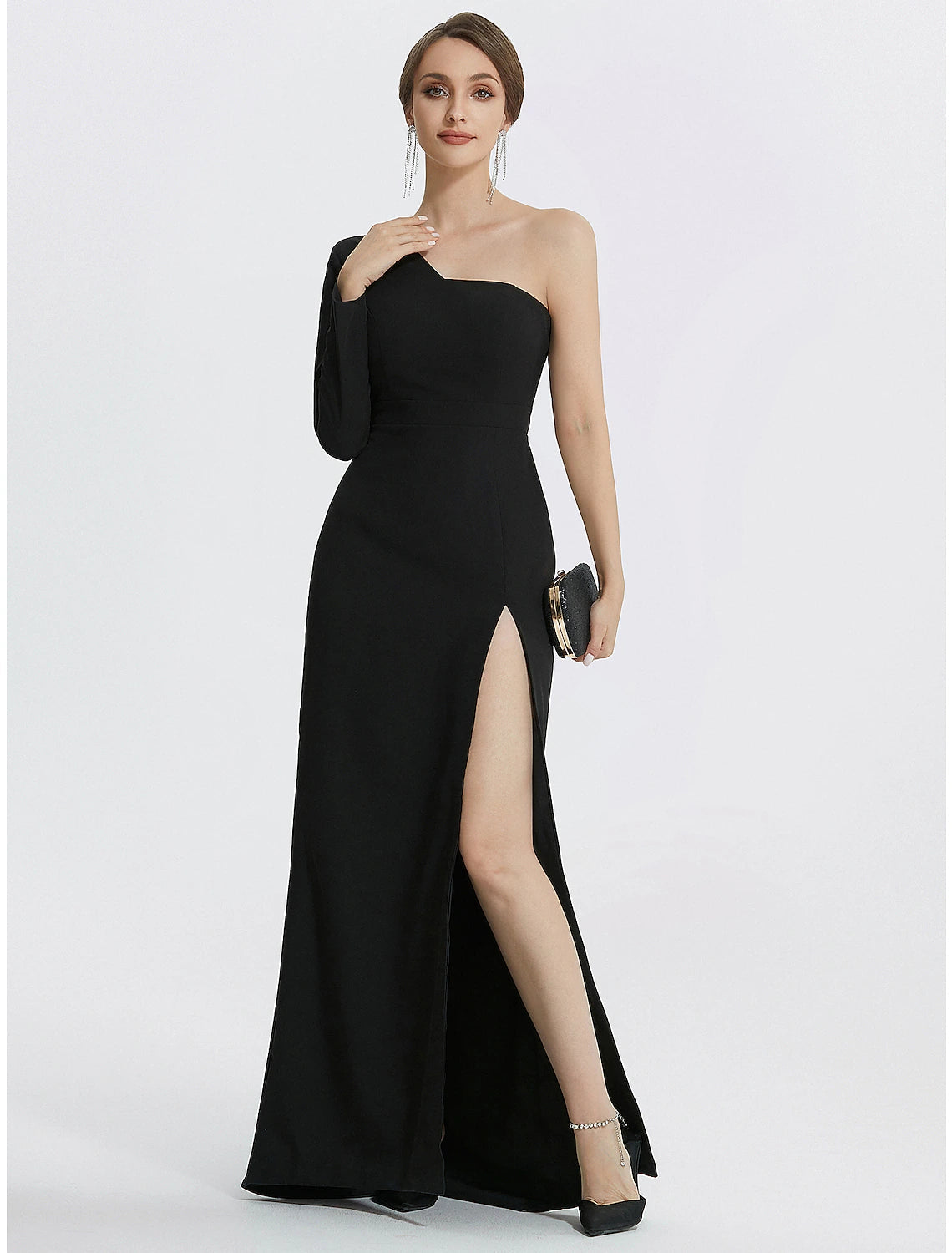 Mermaid Evening Gown Elegant Black Dress Wedding Guest Prom Floor Length Long Sleeve One Shoulder Stretch Fabric