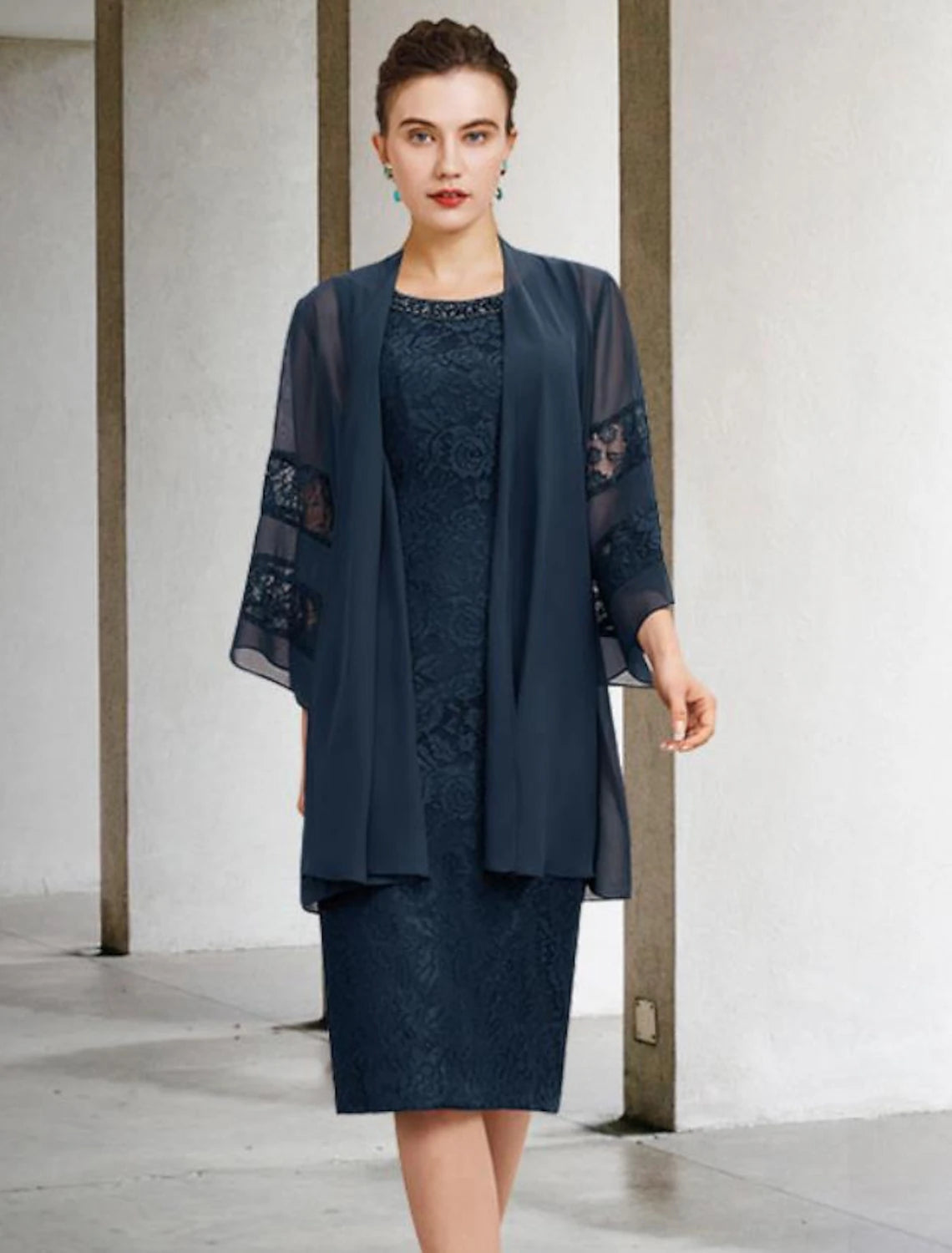 Two Piece Sheath / Column Mother of the Bride Dress Wedding Guest Plus Size Elegant Jewel Neck Knee Length Chiffon Lace Sleeveless