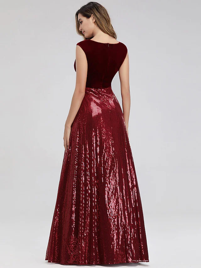 A-Line Prom Dresses Elegant Dress Prom Floor Length Sleeveless Plunging Neck Sequined with Sash