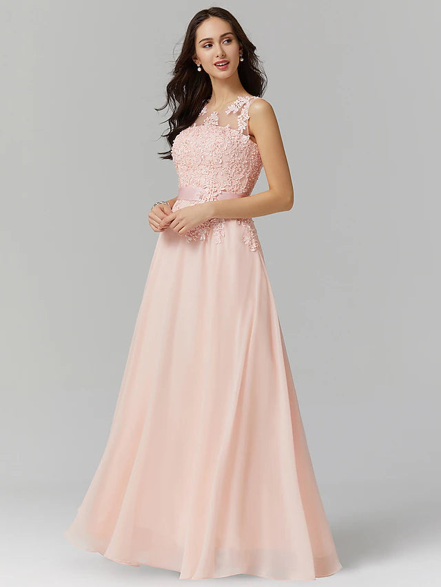 A-Line Bridesmaid Dress Jewel Neck Sleeveless Elegant Floor Length Chiffon / Lace