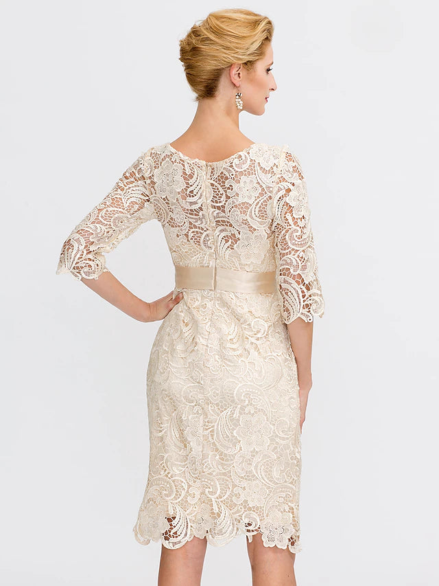Sheath / Column Mother of the Bride Dress Formal Wedding Guest Plus Size Elegant Illusion Neck Knee Length All Over Lace 3/4 Length Sleeve