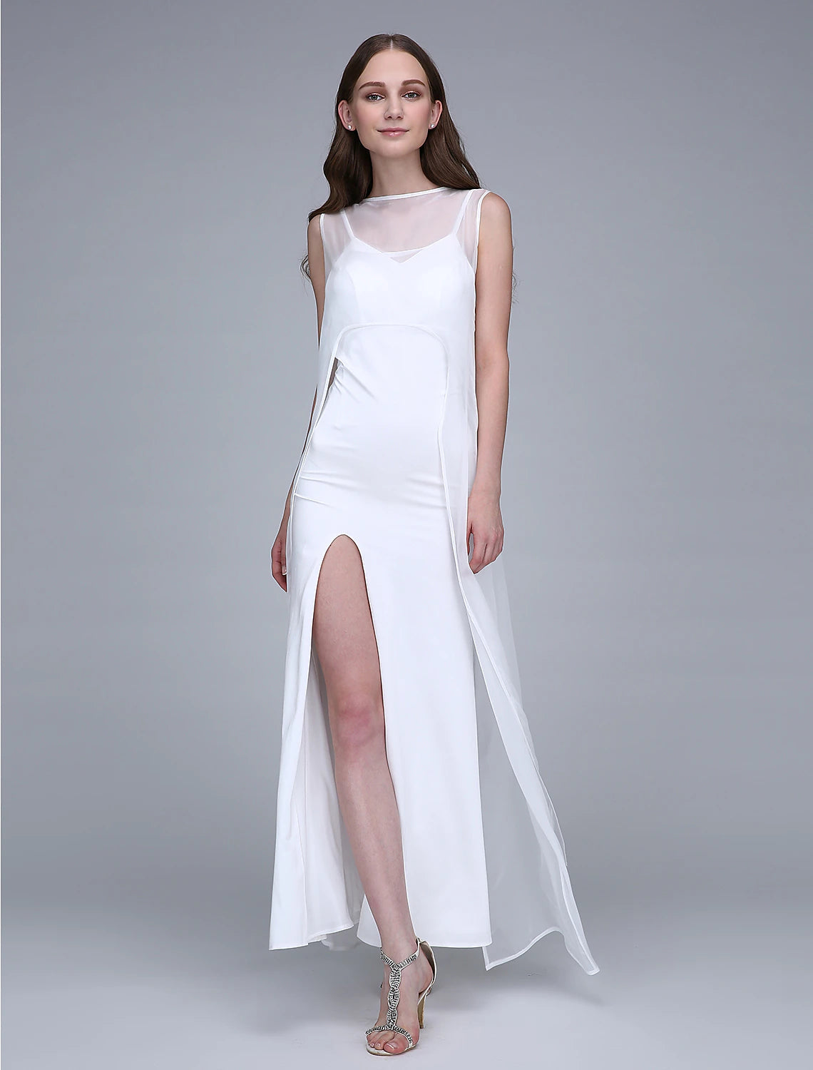 Sheath / Column Bridesmaid Dress Bateau Neck Sleeveless Open Back Ankle Length Chiffon with Split Front