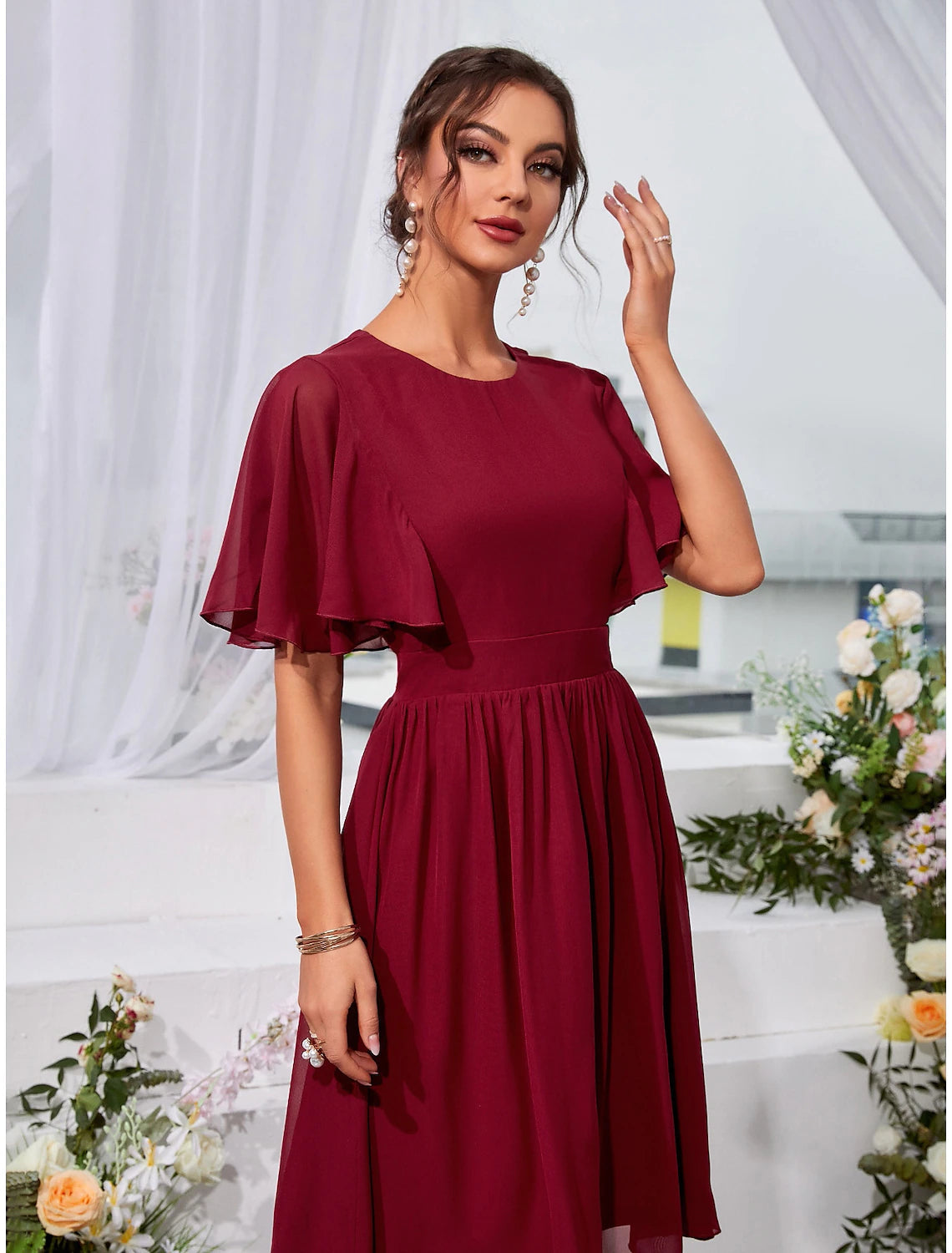 A-Line Wedding Guest Dresses Elegant Dress Holiday Knee Length Short Sleeve Jewel Neck Chiffon with Pleats