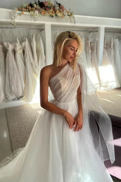 Glitter One Shoulder Bowknot Tulle Wedding Dress Bridal Gowns With Train White