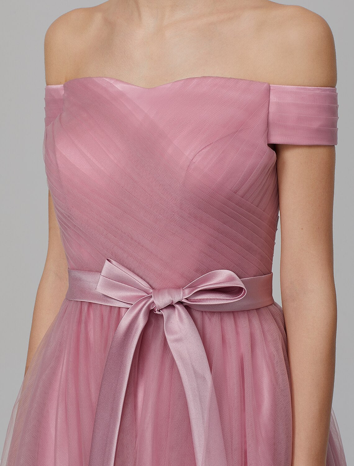 A-Line Off Shoulder Knee Length Tulle Bridesmaid Dress with Sash / Ribbon Draping