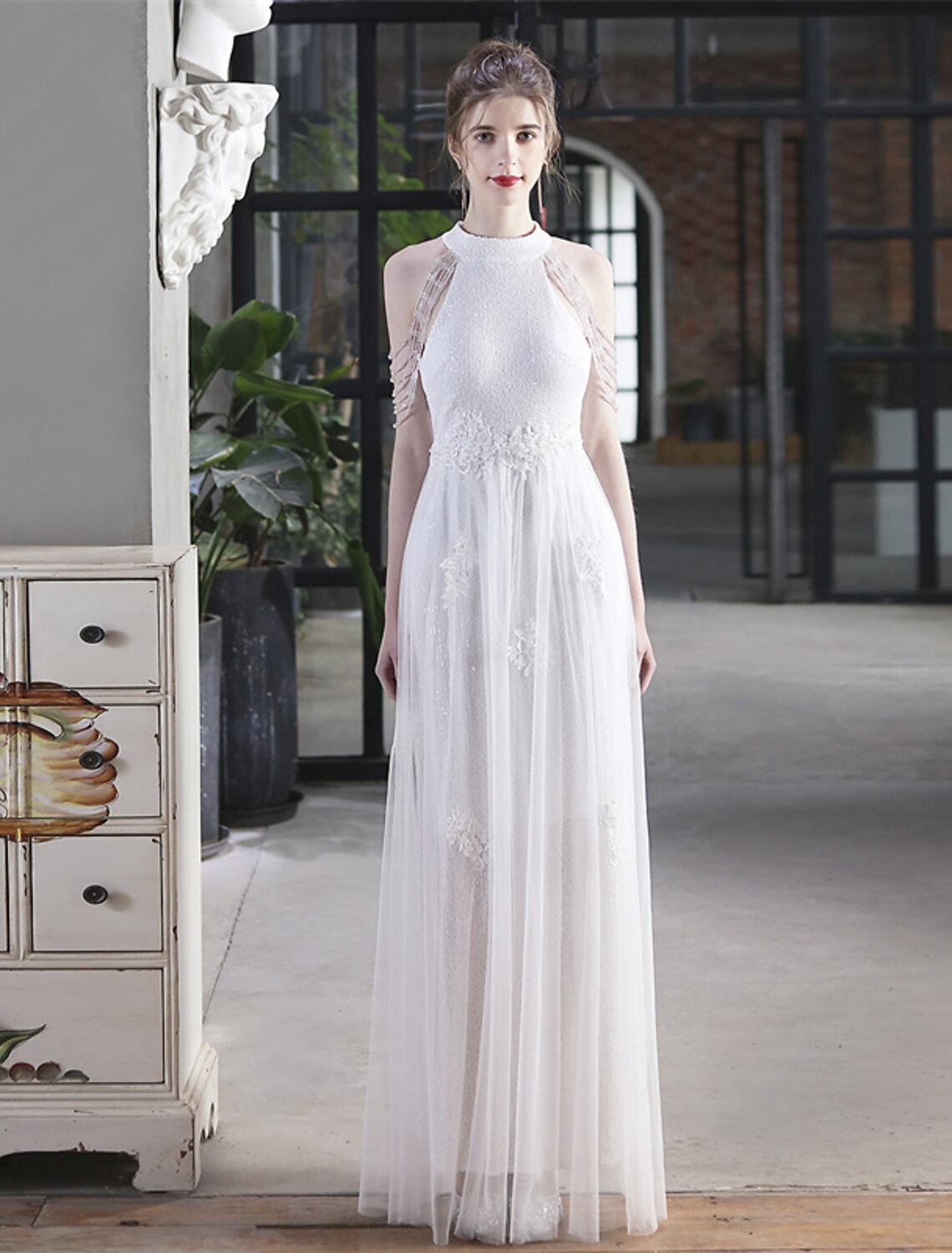 A-Line Prom Dresses Sparkle & Shine Dress Party Wear Floor Length Short Sleeve High Neck Polyester with Sequin